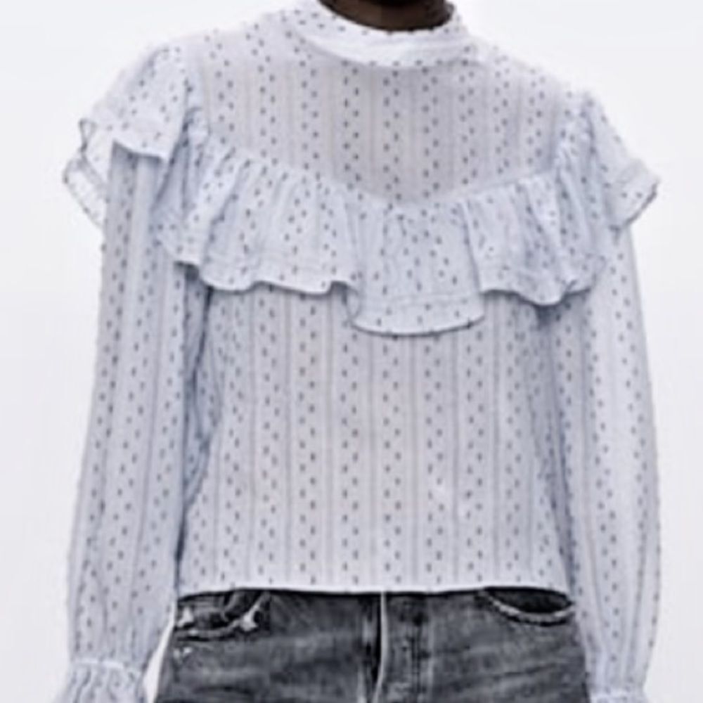 Zara Light Blue Eyelet Ruffle Long-Sleeve Blouse